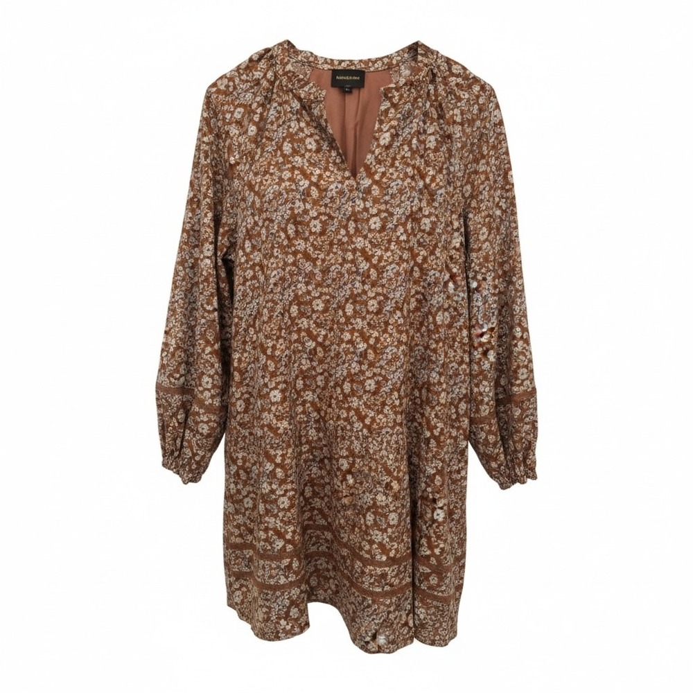 NWT SUGARLIPS Cottagecore Long Sleeve Tiered Mini Dress Floral Brown Size S Boho